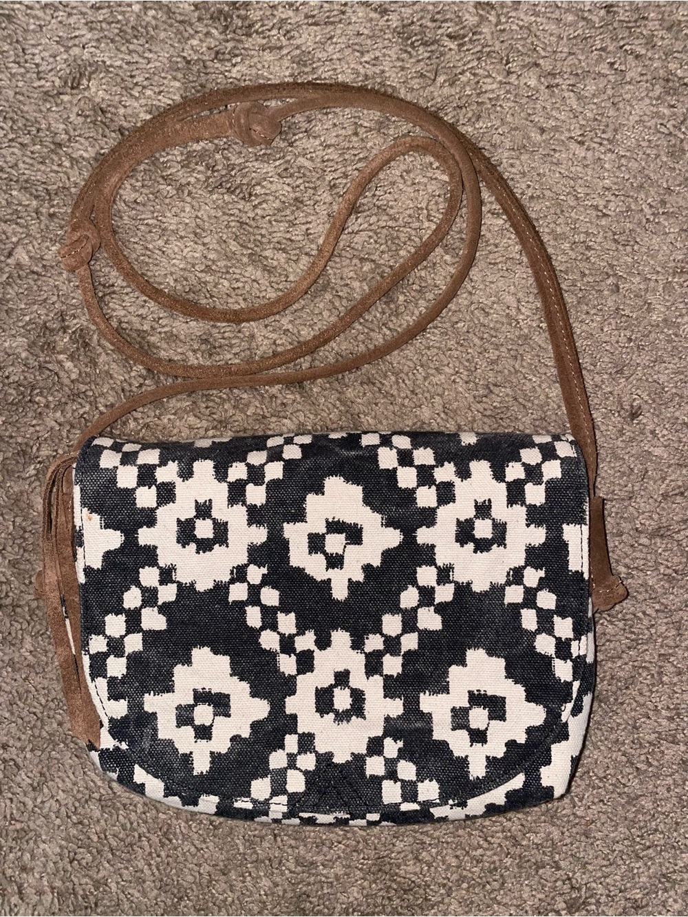 TOMS Charcoal/White Geometric Ikat Canvas Crossbody Flap Bag W/ Suede Strap